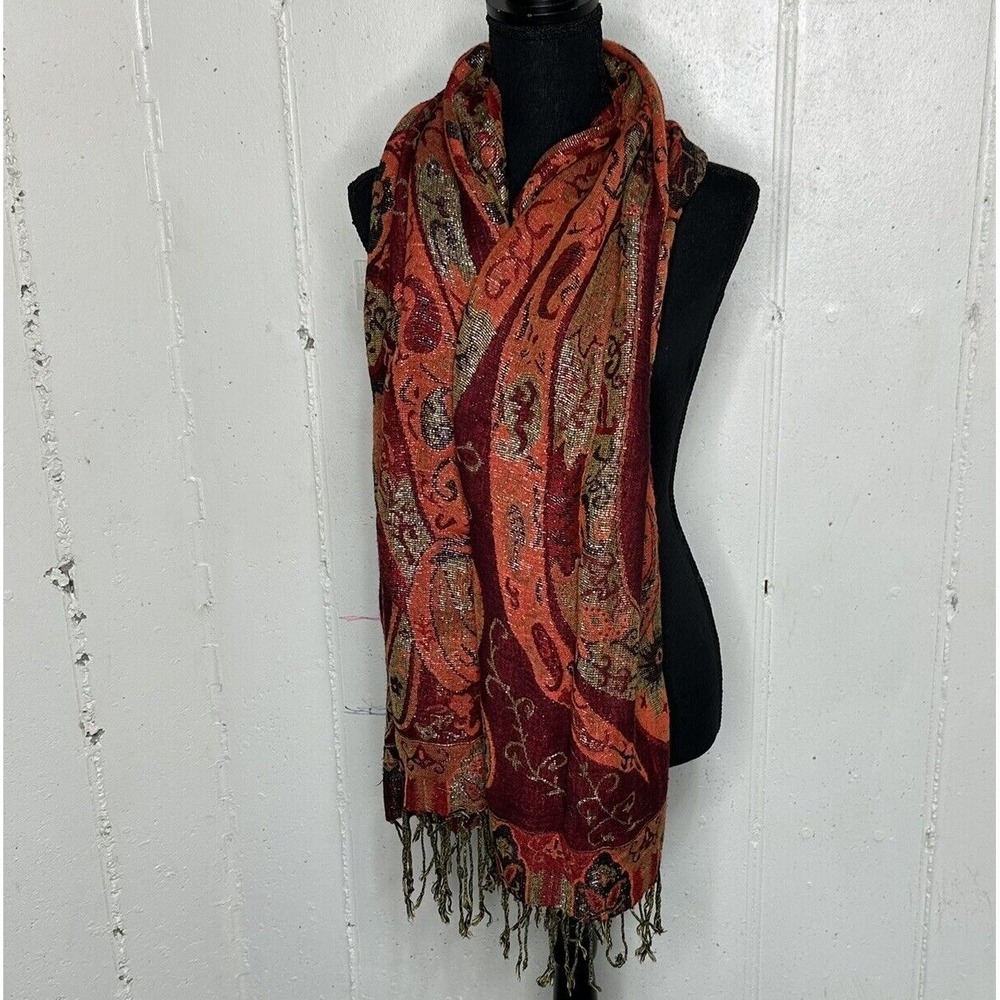 Colorful Paisley Scarf With Fringe Bohemian Shawl Cape Unisex Orange Red Gold